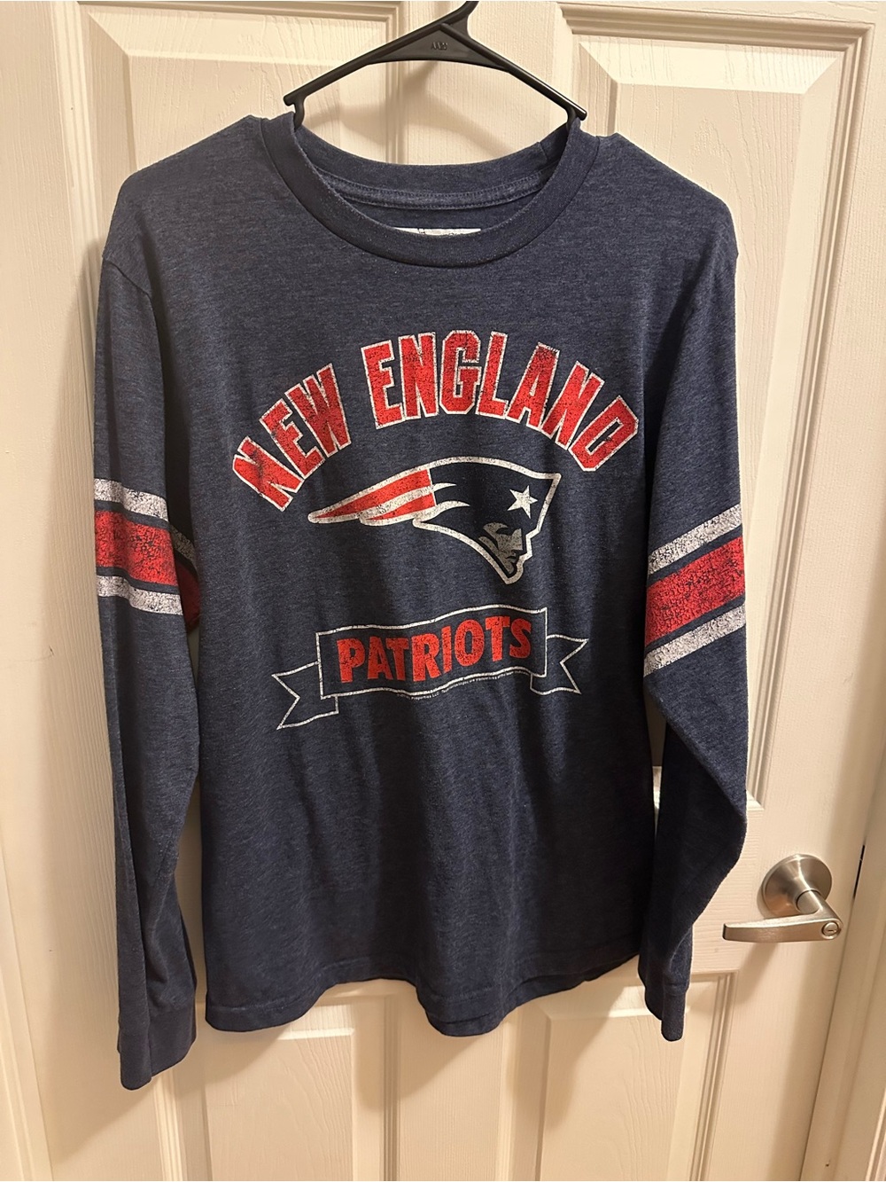 NFL Navy Long Sleeve New England Patriots Tee with Red and White Graphics